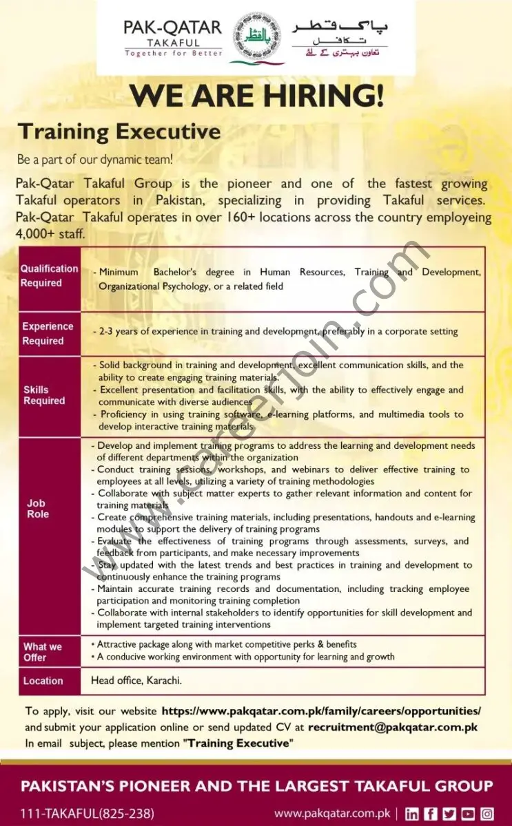 Pak Qatar Takaful Group Jobs Training Executive 1