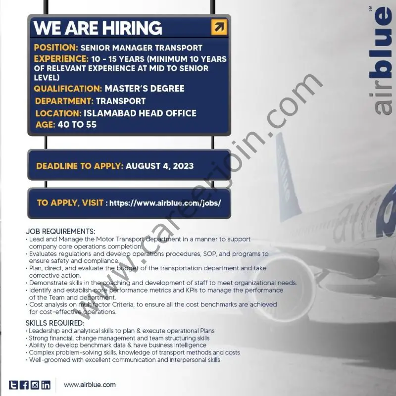 Airblue Pakistan Jobs Senior Manager Transport 1