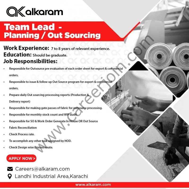 Alkaram Textile Mills Limited Jobs Team Lead Planning / Out Sourcing 1