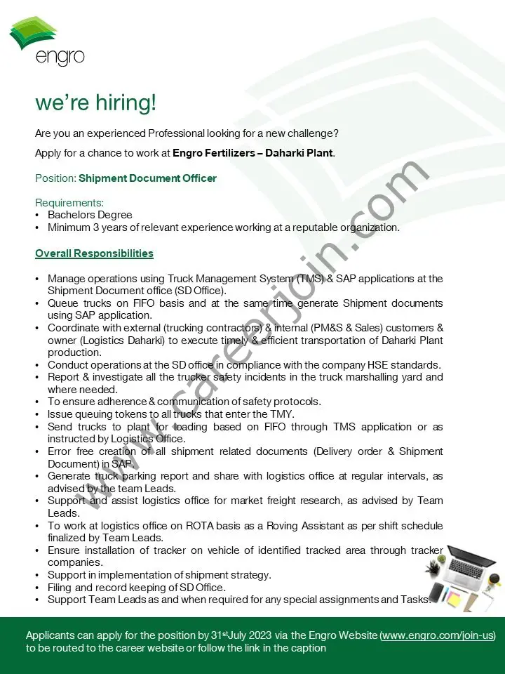Engro Corporation Limited Jobs Shipment Document Officer 1
