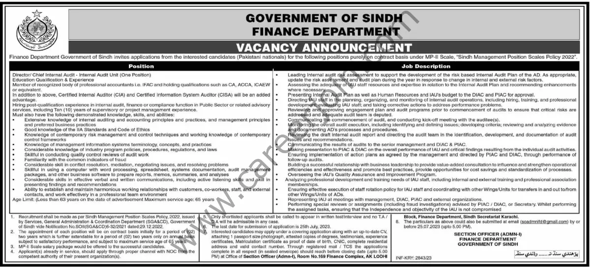 Finance Dept Sindh Jobs July 2023 1