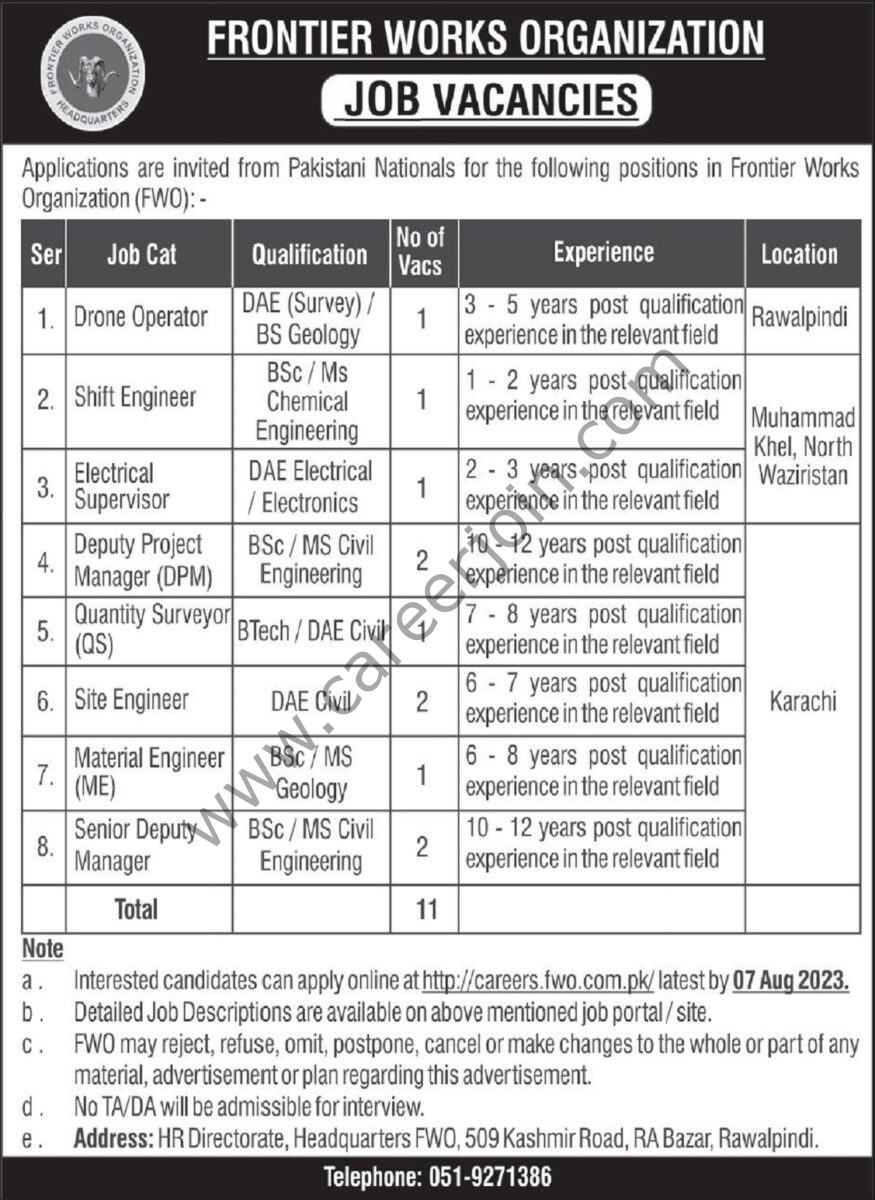 Frontier Works Organization FWO Jobs 23 July 2023 Express Tribune 1