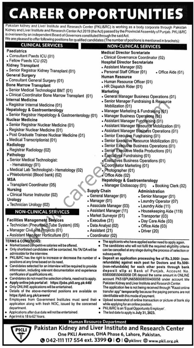 Pakistan Kidney & Liver Institute & Research Center PKLI&RC Jobs 16 July 2023 Dawn 22