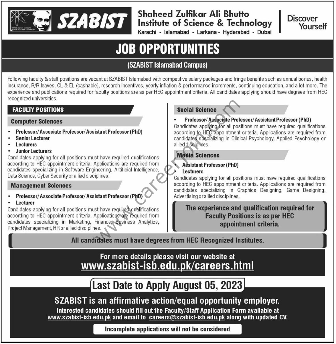 SZABIST Islamabad Jobs 23 July 2023 Express Tribune 1