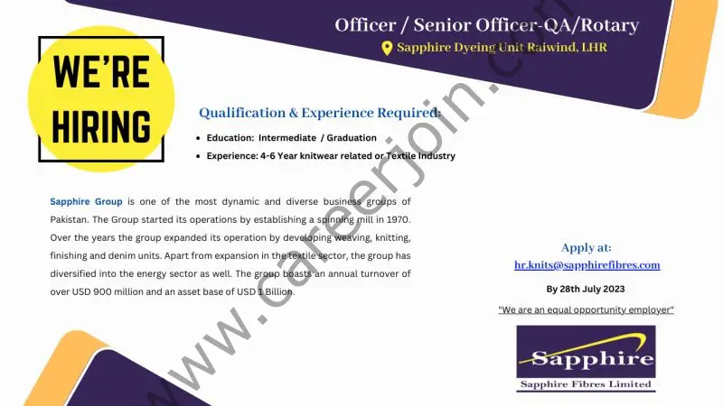 Sapphire Fibres Limited Jobs Officer / Senior Officer QA / Rotary 1