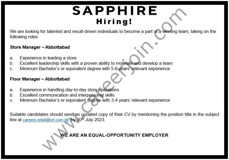 Sapphire Retail Limited SRL Jobs August 2023 1