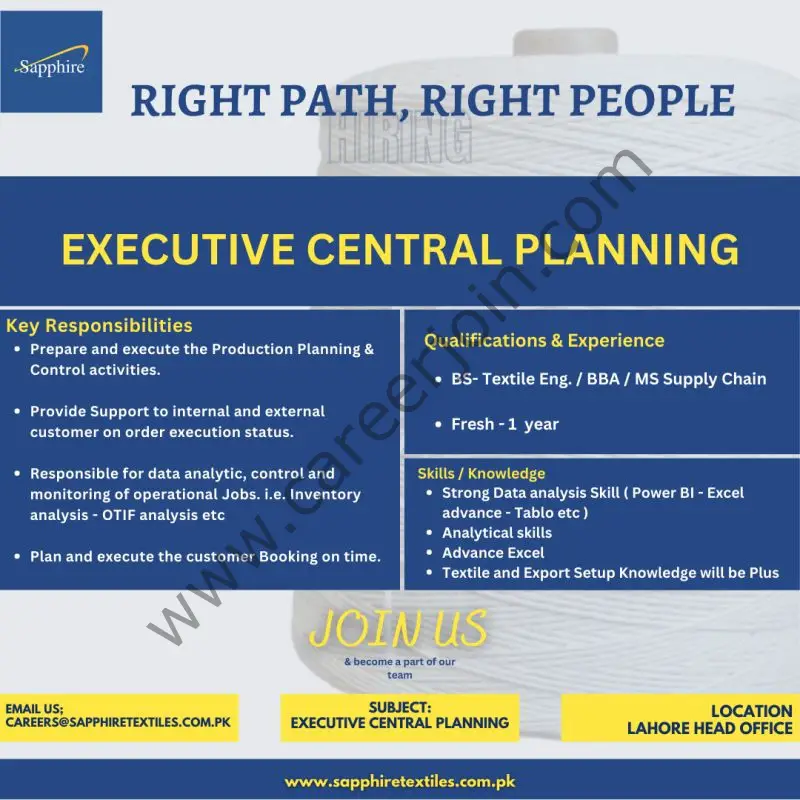 Sapphire Textiles Mills Limited Jobs Executive Central Planning 1