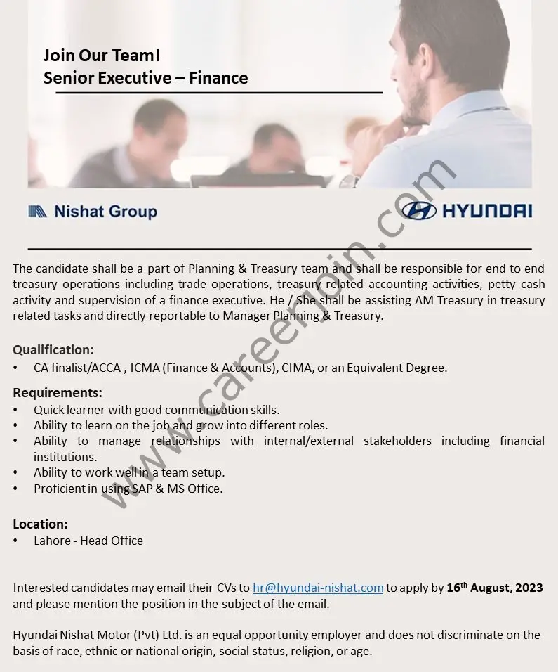Hyundai Nishat Motor Pvt Ltd Jobs Senior Executive Finance 1