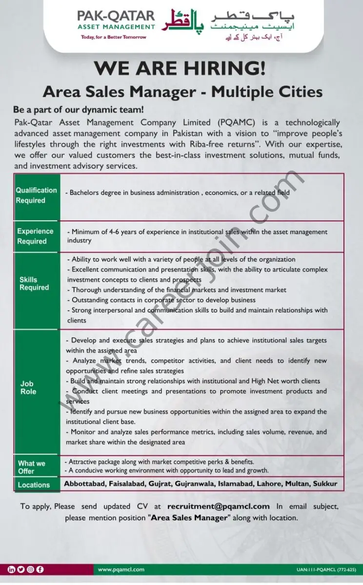 Pak Qatar Asset Management Company Limited PQAMCL Jobs Area Sales Manager 1