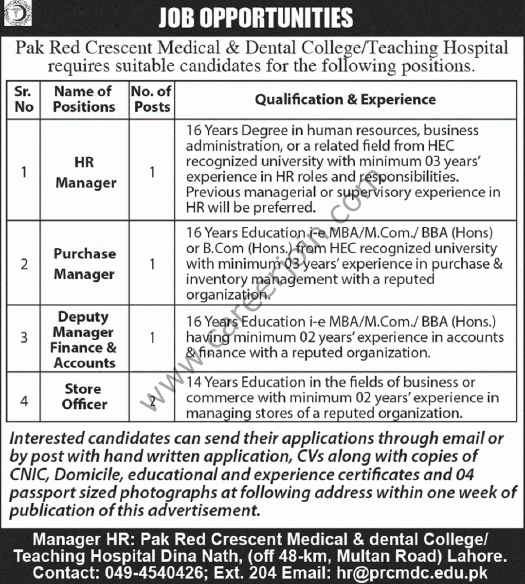 Pak Red Crescent Medical & Dental College-Teaching Hospital Jobs 27 August 2023 Nawaiwaqt 1