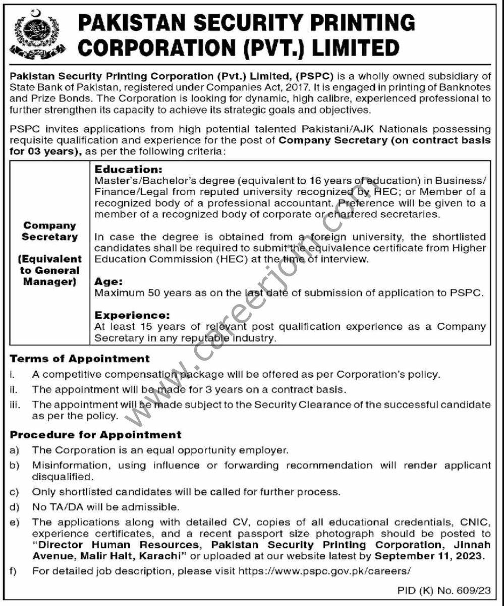 Pakistan Security Printing Corporation Pvt Ltd Jobs 27 August 2023 Dawn 1