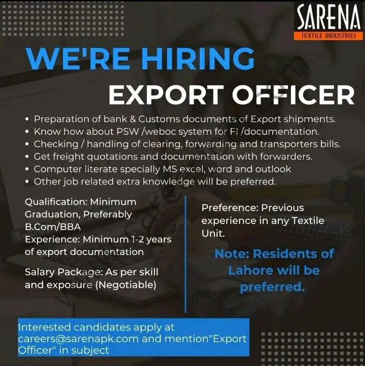 Sarena Textile Industries Jobs Export Officer