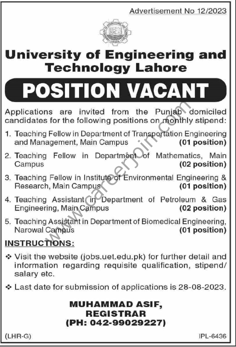 University of Engineering & Technology Lahore UET Jobs 13 August 2023 Dawn 1
