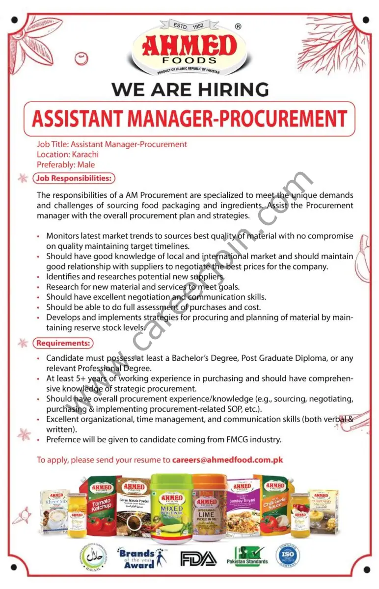 Ahmed Foods Pvt Ltd Jobs Assistant Manager Procurement 1