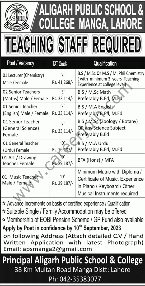 Ali Garh Public School & College Manga Lahore Jobs 03 September 2023 Nawaiwaqt 1