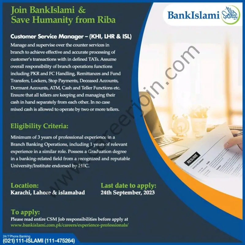 Bank Islami Pakistan Limited Jobs Customer Service Manager 1