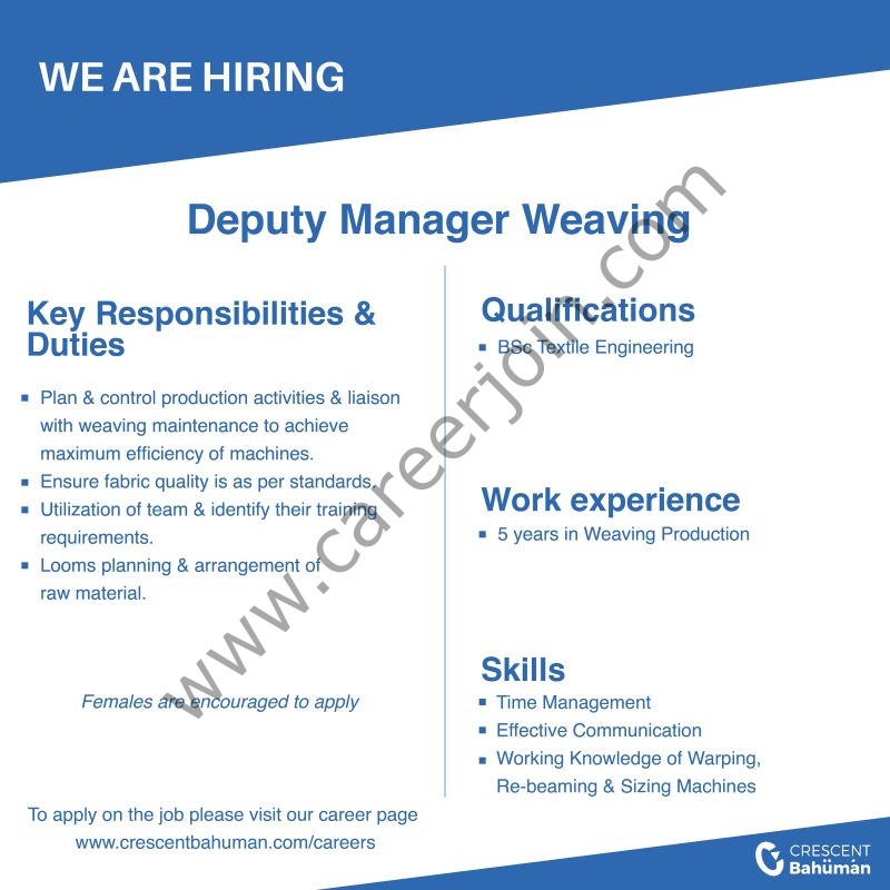 Crescent Bahuman Limited Jobs Deputy Manager Weaving 1