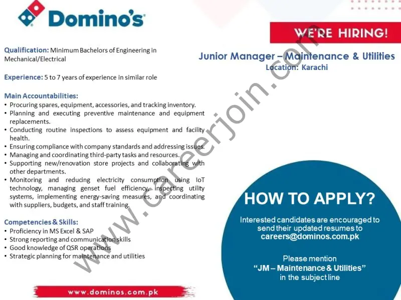 Domino's Pizza Pakistan Jobs Junior Manager Maintenance & Utilities 1