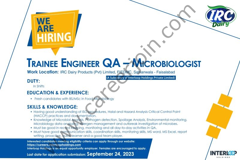 Interloop Holdings Jobs Trainee Engineer QA - Microbiologist 1