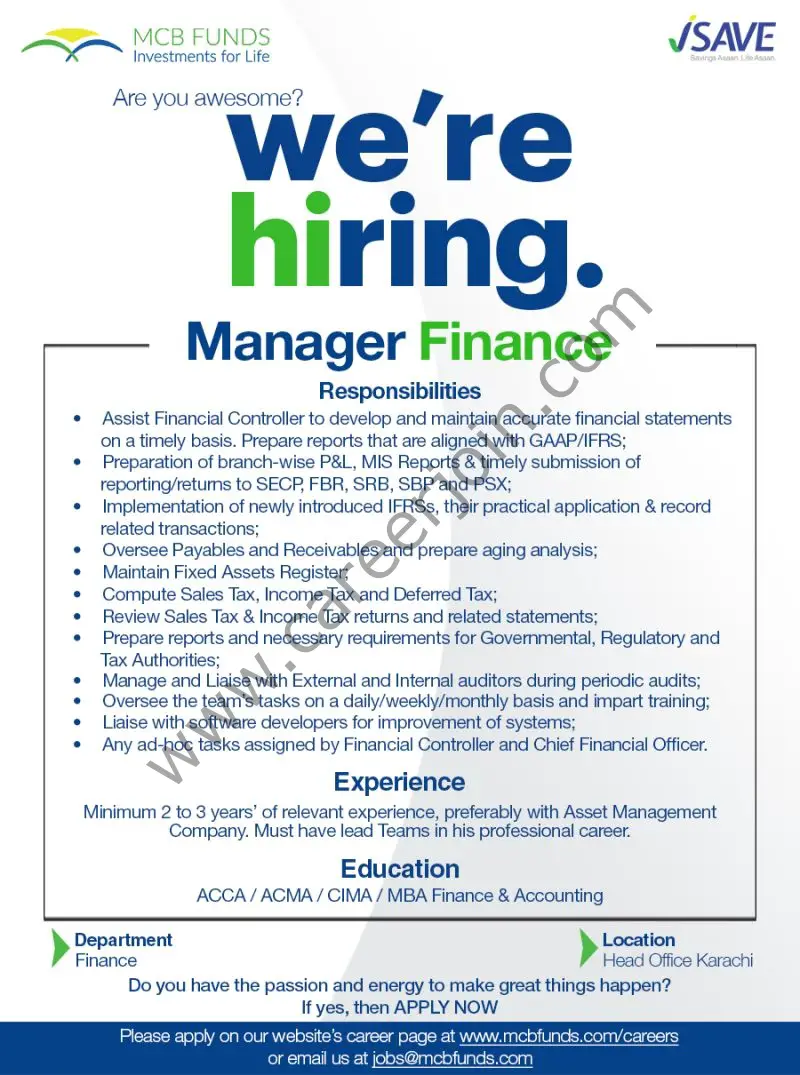 MCB Funds Jobs Manager Finance