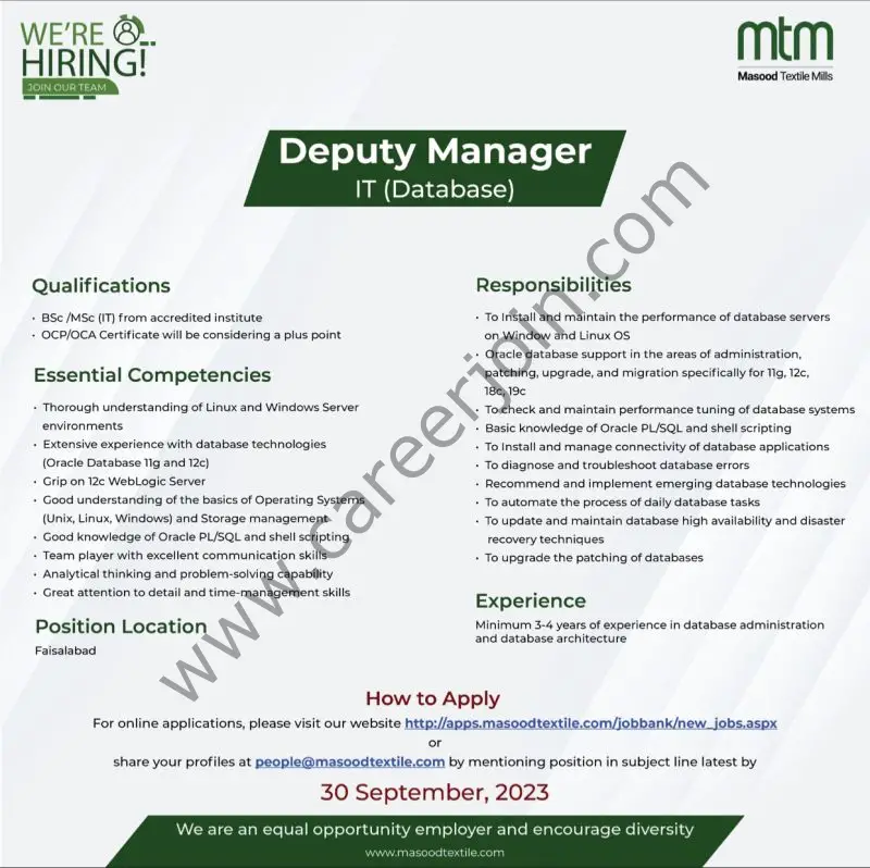 Masood Textile Mills MTM Jobs Deputy Manager IT (Database) 1