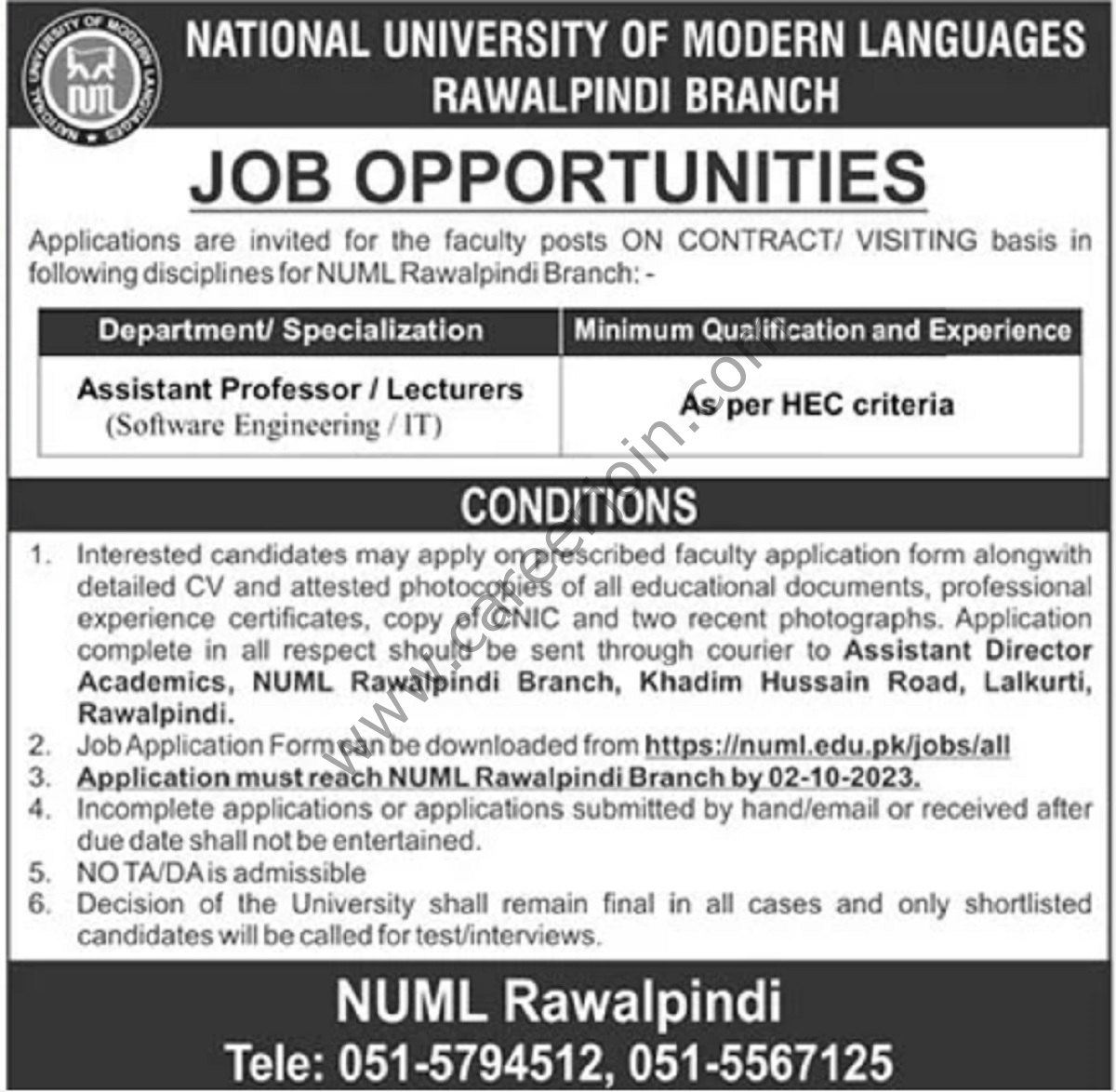 National University of Modern Languages NUML Rawalpindi Jobs 17 September 2023 The News 1