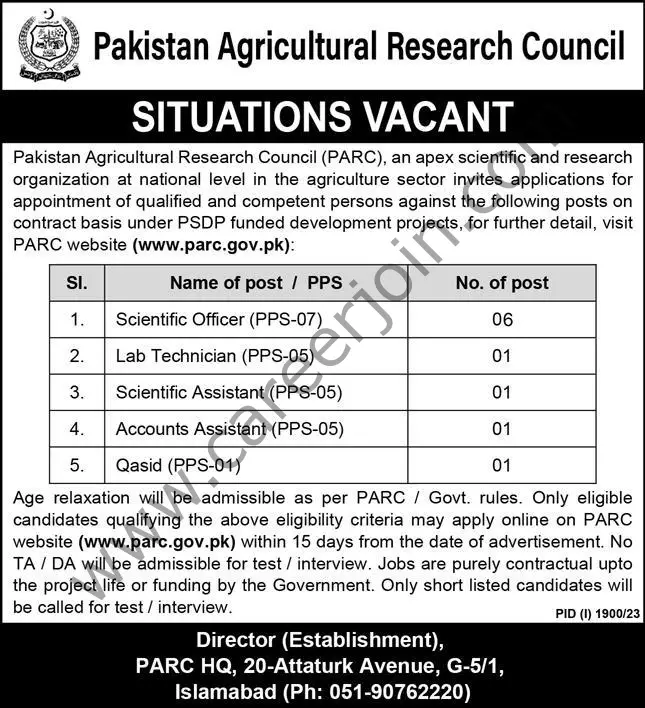 Pakistan Agricultural Research Council PARC Jobs 23 September 2023 Dawn 1