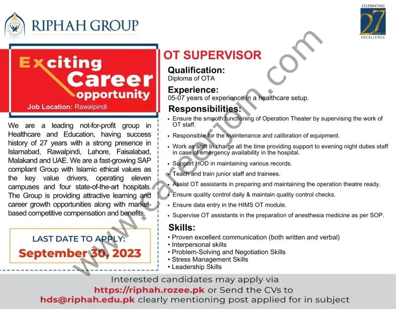 Riphah Group Jobs OT Supervisor 1