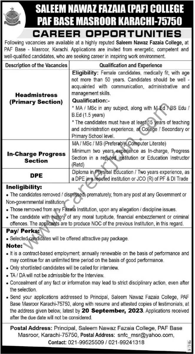 Saleem Nawaz Fazaia PAF College Base Masroor Karachi Jobs 10 September 2023 Express Tribune 1