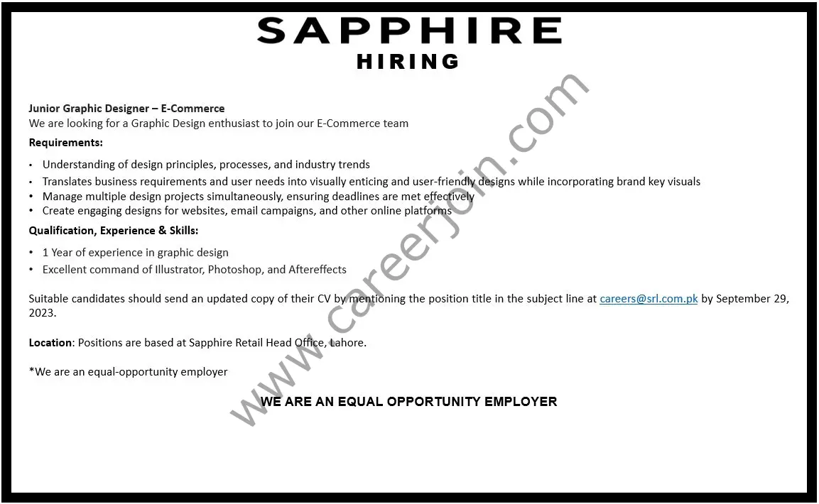 Sapphire Retail Limited SRL Jobs September 2023 2