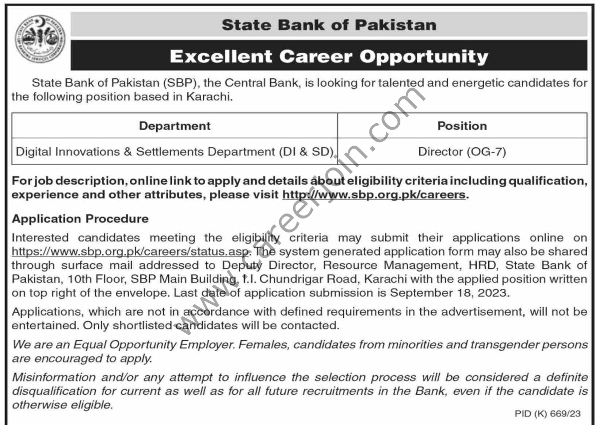 State Bank of Pakistan SBP Jobs 03 September 2023 Dawn 1