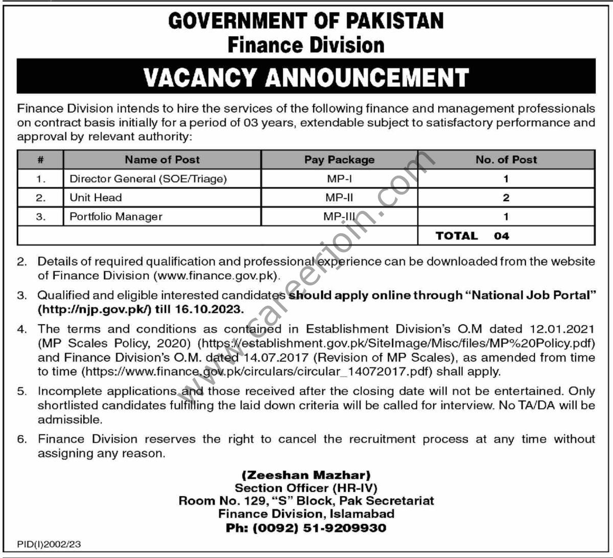 Finance Division Govt Of Pakistan Jobs 01 October 2023 Dawn 1
