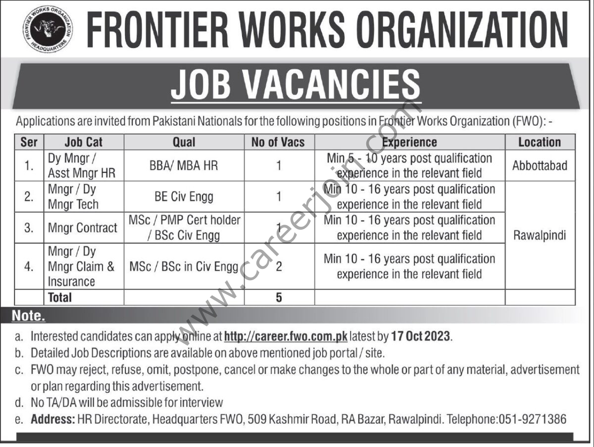 Frontier Works Organization FWO Jobs 01 October 2023 Express Tribune 1