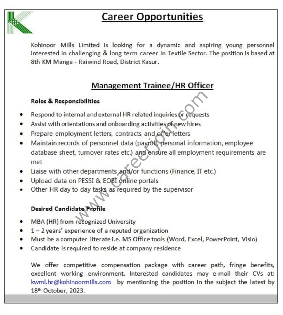 Kohinoor Mills Ltd Jobs 14 October 2023 1