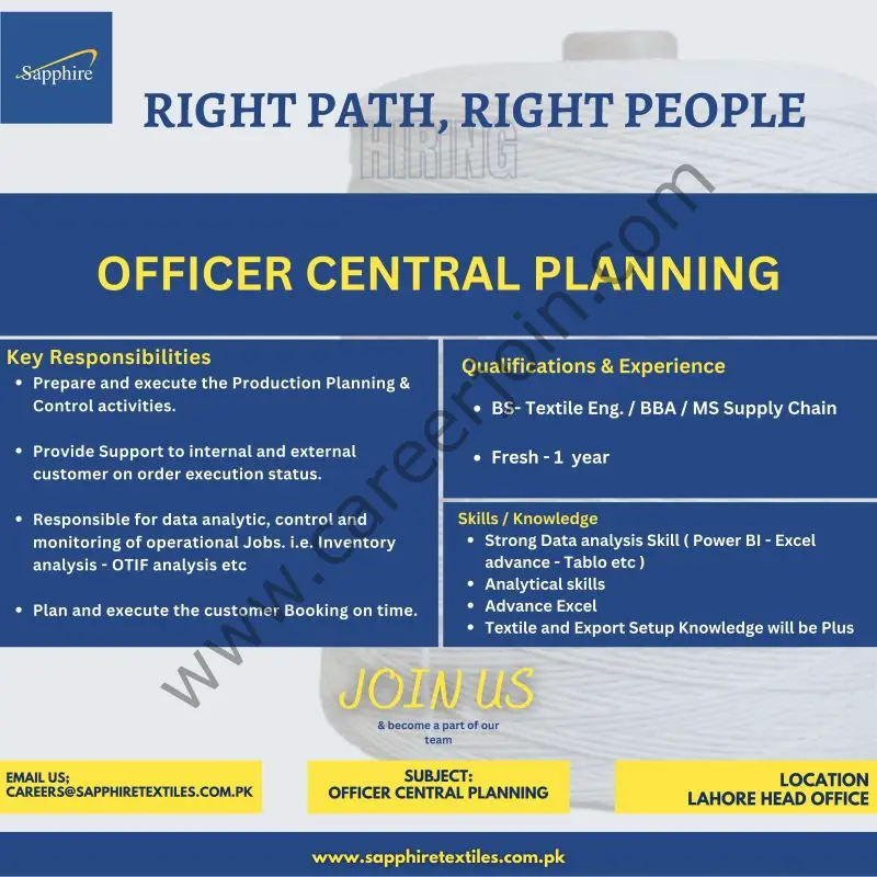 Sapphire Textile Mills Limited Jobs Officer Central Planning 1