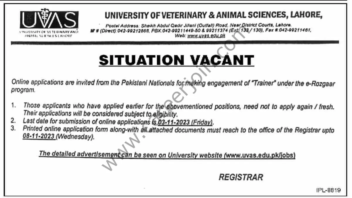 University of Veterinary & Animal Sciences UVAS Jobs 22 October 2023 Express 1