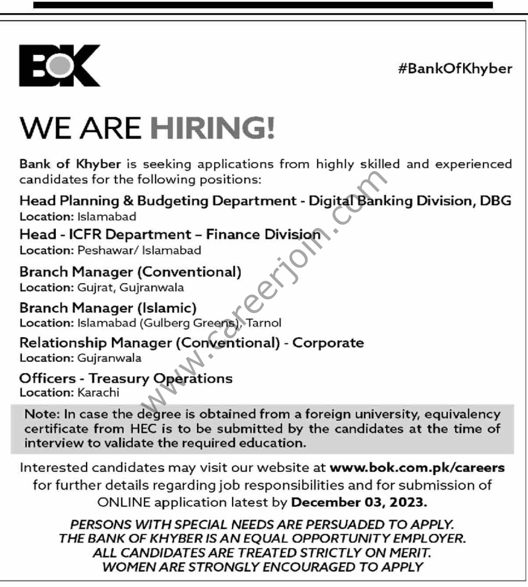 Bank Khyber BOK Jobs 19 November 2023 Dawn 1