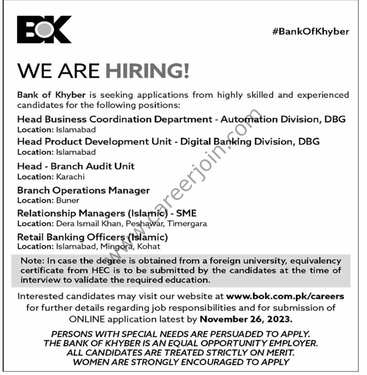 Bank of Khyber BOK Jobs 12 November 2023 Dawn 1