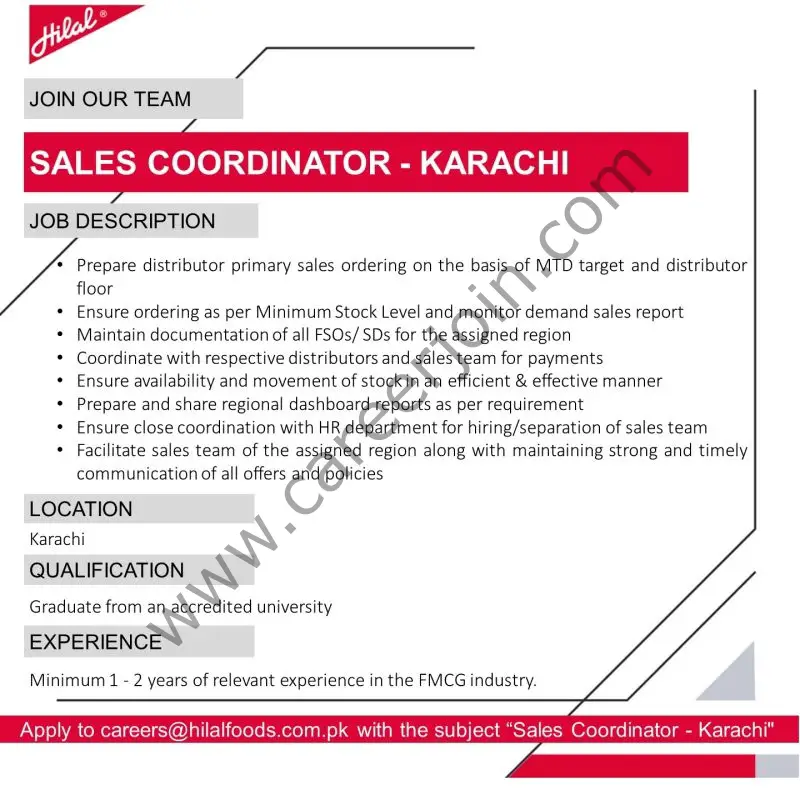 Hilal Foods Pvt Ltd Jobs Sales Coordinator 1