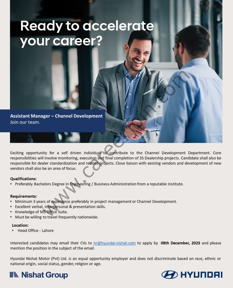 Hyundai Nishat Motor Pvt Ltd Jobs Assistant Manager Channel Development 1