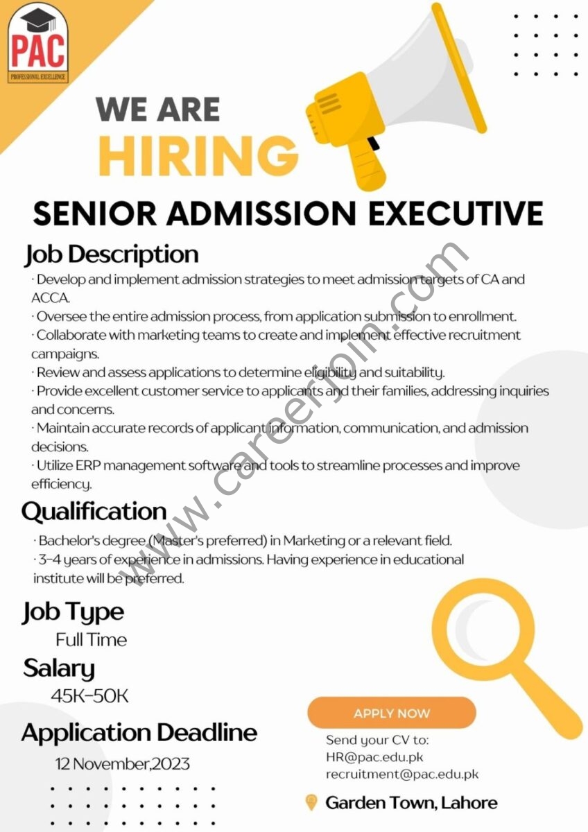 Professionals Academy of Commerce PAC Jobs Senior Admission Executive 1