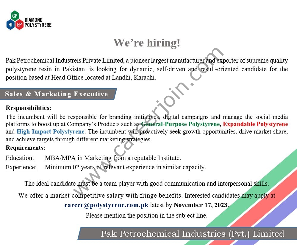 Pak Petrochemical Industries Pvt Ltd Jobs Sales & Marketing Executive 1