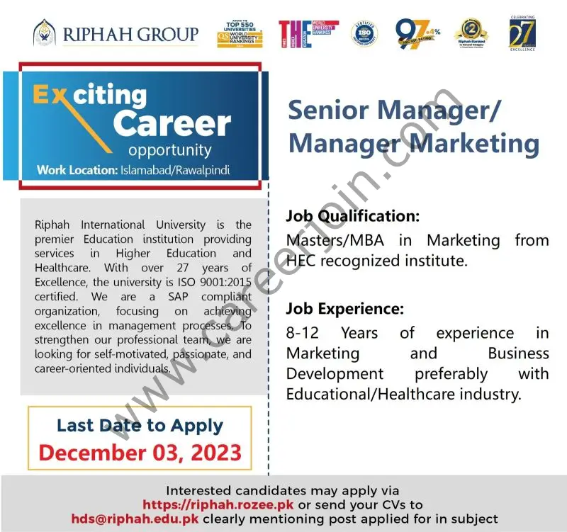Riphah Group Jobs Senior Manager / Manager Marketing 1