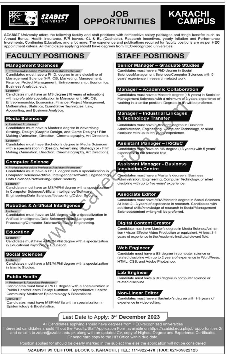 SZABIST University Karachi Jobs 19 November 2023 Dawn 1