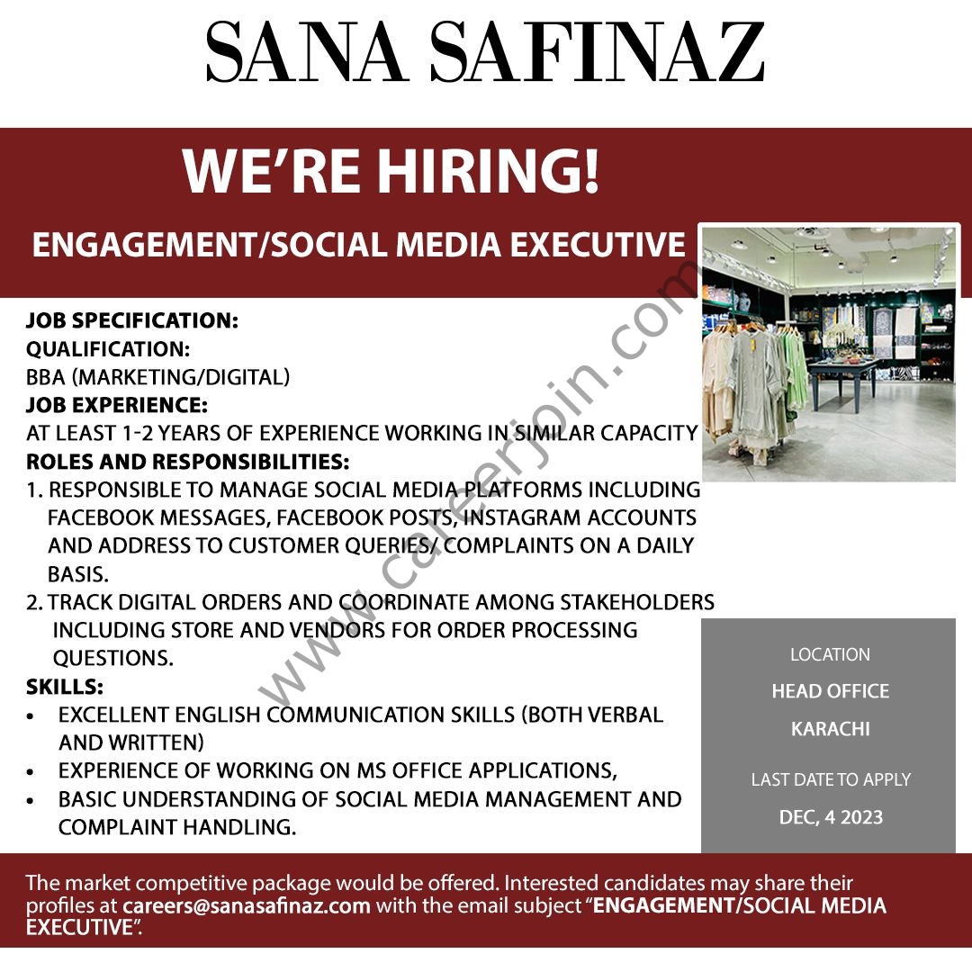 Sana Safinaz Jobs December 2023 2
