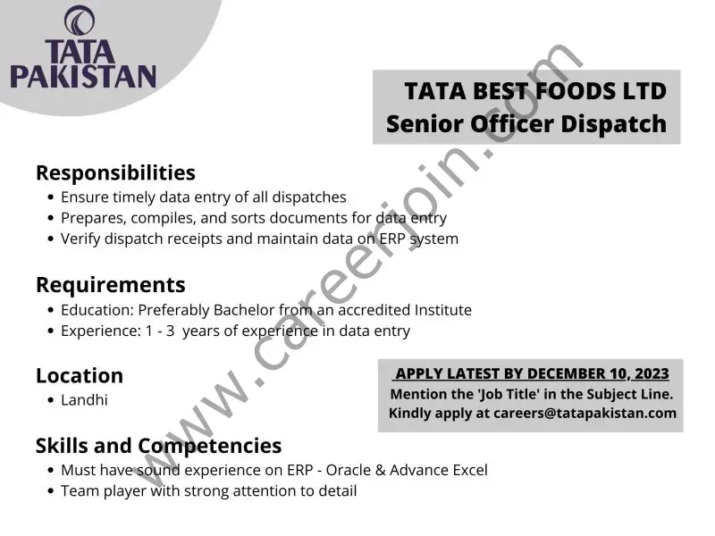 Tata Pakistan Jobs Senior Officer Dispatch 1
