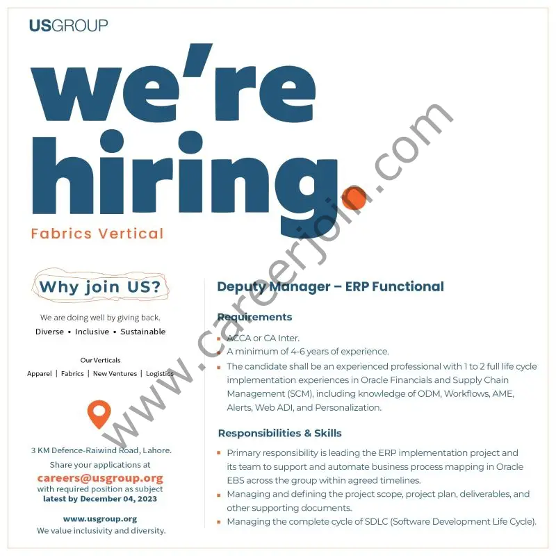 US Group Jobs Deputy Manager ERP Functional 1