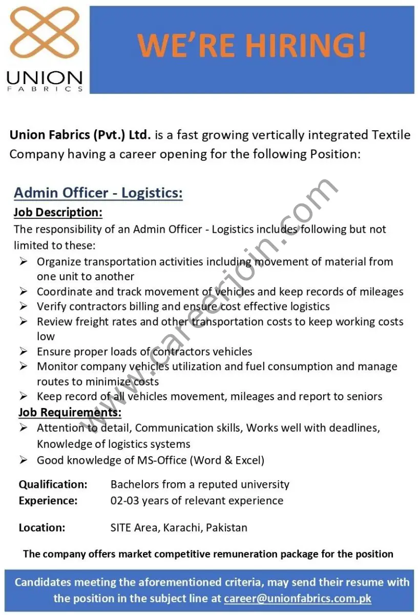 Union Fabrics Pvt Ltd Jobs Admin Officer Logistics 1