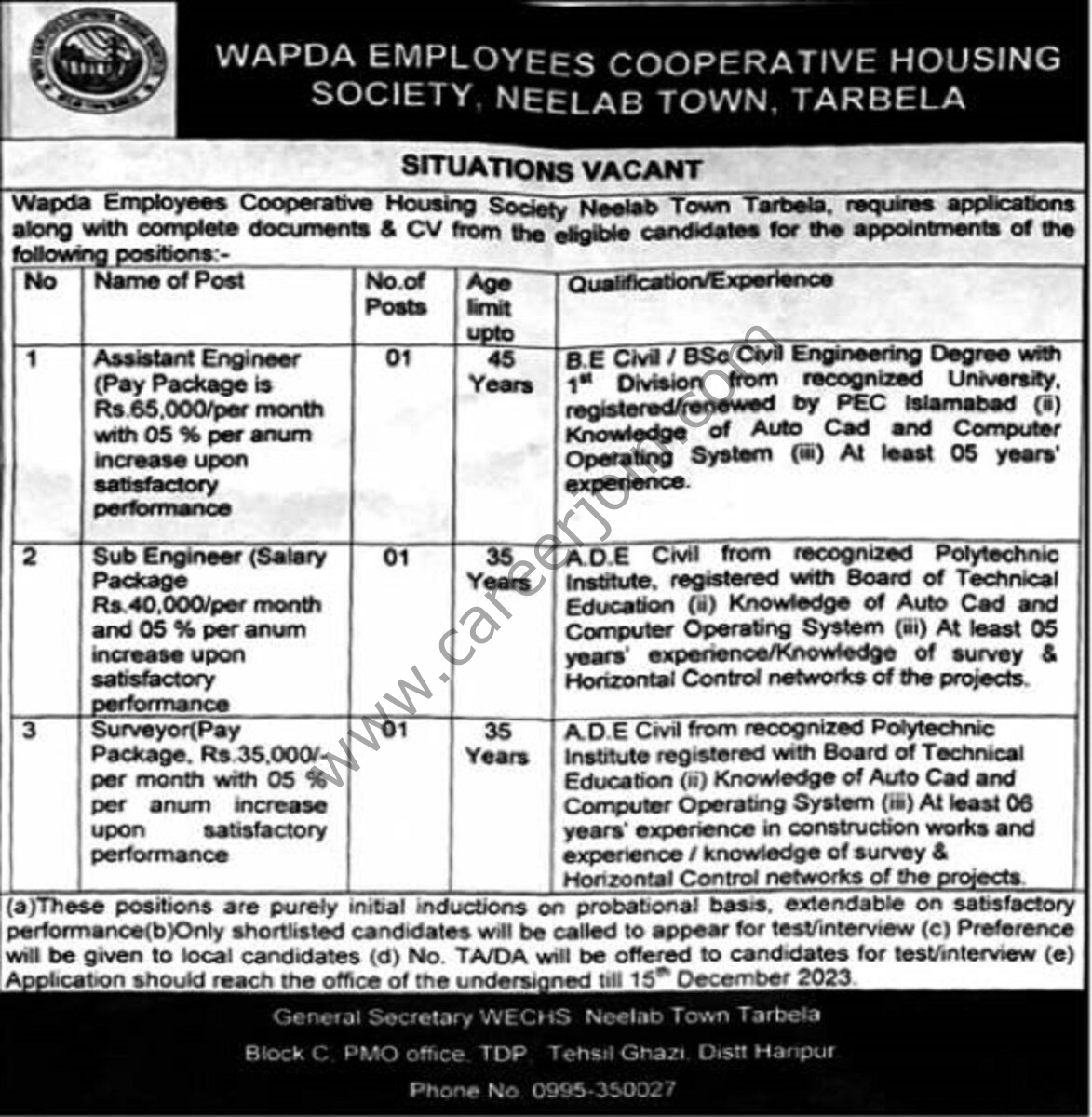 WAPDA Employees Coorperative Housing Society Tarbela Jobs 19 November 2023 Nawaiwaqt 1