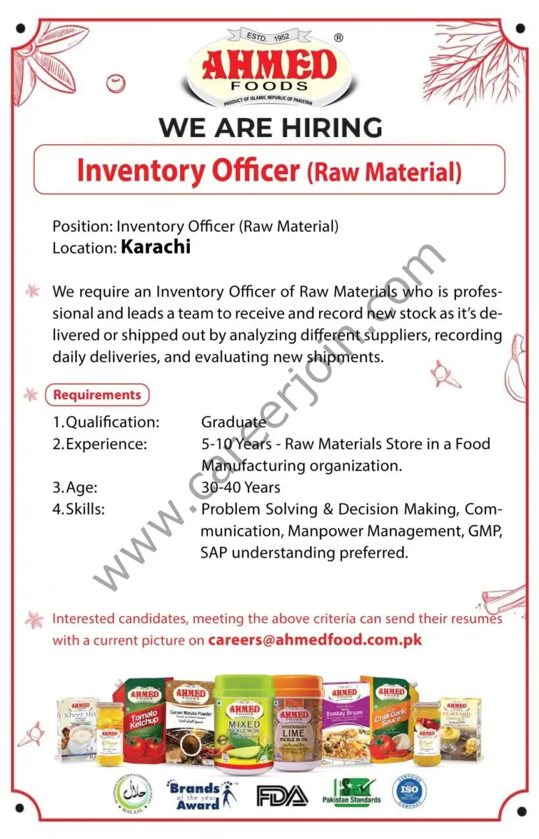 Ahmed Foods Pvt Ltd Jobs Inventory Officer 1
